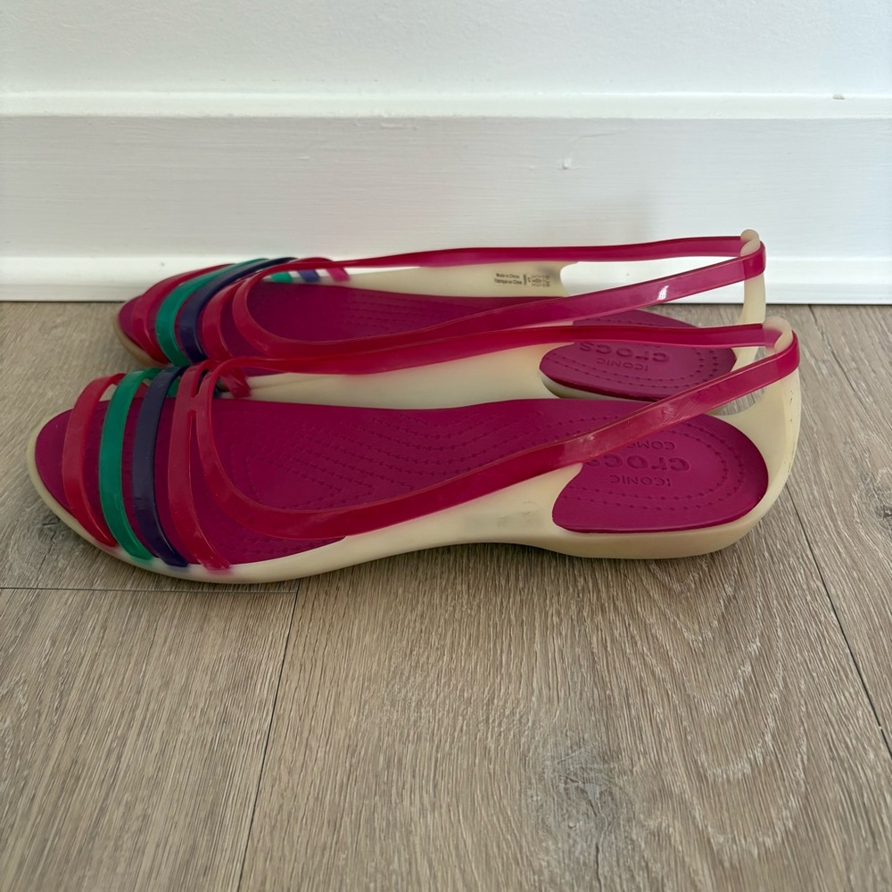 CROCS Womens Jelly Flats Size 10 Wide Cream Magenta Colorful Open Toe Comfort - Picture 4 of 11